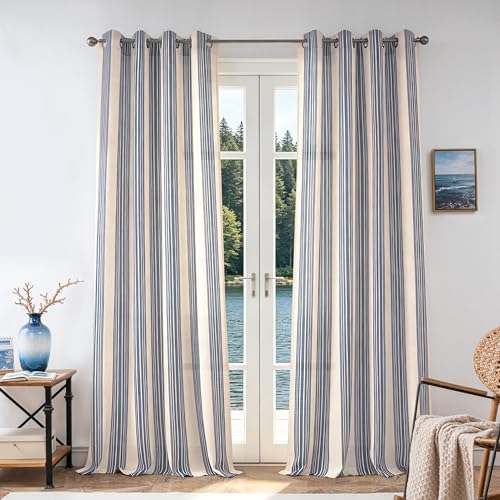 DriftAway Farmhouse Vertical Striped Linen Blend Textured Light Filtering Semi Sheer Curtains for Living Room Bedroom 102 Inches Long Drapes 2 Panels Broad Striped Jean Navy