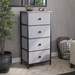 Vida Designs Chorley 4 Drawer Chest Of Drawers Fabric Storage Organizer Unit With Wood Top, Metal Frame & Handles - Ideal For Bedroom, Living Room, Nursery - Beige & Grey Wood (UKFR Certified)