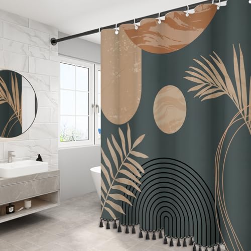 GiuMsi Boho Shower Curtain Set Leaf Design Minimalist Leaves Pattern Waterproof Luxury Fabric 12 Hooks Brown 72x78 Inch