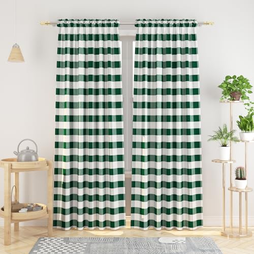 Buffalo Check Curtains 95 inches Long Cotton Basement Gingham Plaid Kitchen Window Curtain Panels Living Room Checker Drapes Bedroom Rod Pocket Window Treatment 2 Panels Dark Green and White