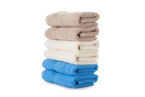 Foutastic Wash Towel Set (6 Pieces) 100% Cotton 30 x 50 cm - 500 g/m² Machine Washable at 40 °C - Elegant Colours Beige, Blue & Cream
