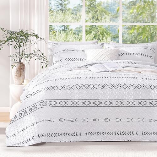 "Andency White King Size Quilt Set, 3 Pieces Boho Striped Bedspread - Soft Lightweight White Printed Bohemian Polyester Reversible Coverlet Comforter Sets for All Season (106""x96"")"