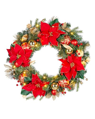 Pre-Lit Decorated Wreath, Red/Gold, 60 cm