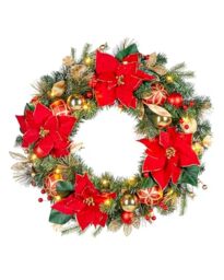 Pre-Lit Decorated Wreath, Red/Gold, 60 cm