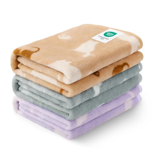 Luciphia 1 Pack 3 Cat Printed Fleece Pet Blankets Washable???Soft Warm Throw Covers for Crate Couch Bed???Cozy Puppy Essentials for Dogs and Cats???Purple/Grey/Khaki, Medium (30x20)