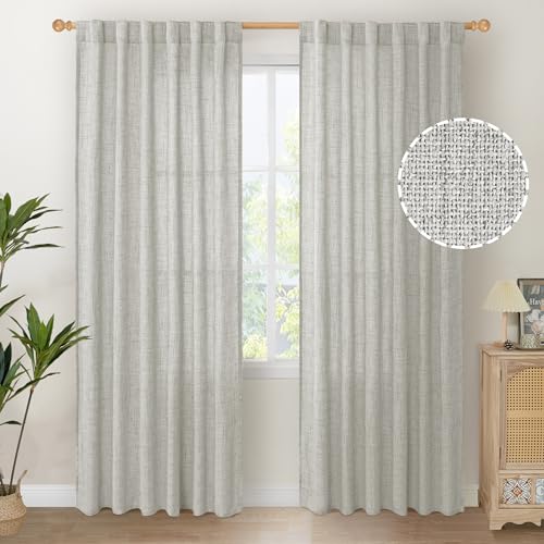 YoungsTex Light Grey Linen Semi Sheer Curtains 84 Inch Length 2 Panels - Light Filtering Drapes Rod Pocket Back Tab for Bedroom Living Room Window, 52 X 84 Inch