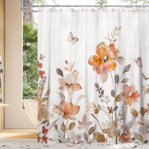YDIDIAN Orange Floral Shower Curtain, Orange Lavender Floral Butterfly Boho Shower Curtains for Bathroom, Farmhous Flower Cute Fabric Shower Curtain Set with 12PCS Hooks, 70X70IN