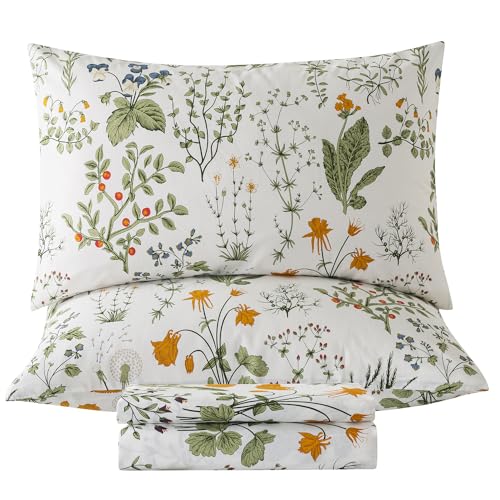 Zusbest King Size Sheets 100% Percale Cotton Green Floral Bed Sheet Set Yellow Flower & Green Leaves Botanical Pattern Printed on White Garden Luxury Crisp Soft Deep Pocket Fitted Sheet 17.5'' 4Pcs