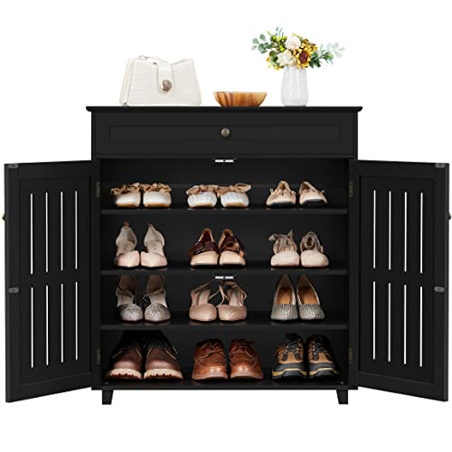 Yaheetech Shoe Cabinet, Wooden Storage Cabinet Organizer with 1 Drawer & 2 Doors, Modern 4-Tier Shoe Rack with Adjustable Shelves for Living Room, Hallway, Bedroom, Black