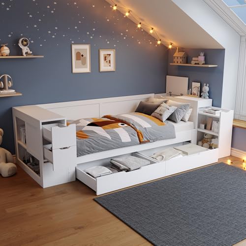 Ball & Cast kids Wooden Daybed with Storage Cabinet Platform Bed,with drawers&side storage compartment&cupboard&besidetable, Multi-functional Wooden Storage Bed for Children Adults, 90x190 cm,white