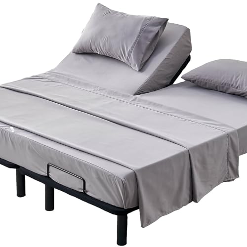 Kingnex Split Top King Sheets Sets for Adjustable Bed 4 Pieces Include 1 28-30 Split from Top Flex Head King Fitted Sheet 1 Flat Sheet 2 King Size Pillowcase Grey ST1