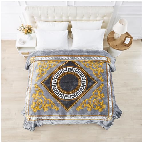 GC GAVENO CAVAILIA Sherpa Fleece Blanket (200x240 cm) - Greek Pattern Bed Throw King Size - Fluffy Throws For Bed, Sofas, Armchair - Thermal, Cosy Large Blankets and Throws Washable - Charcoal
