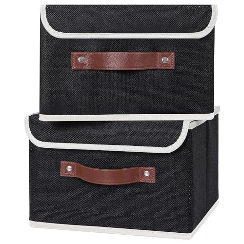 ANMINY 2PCS Storage Bins with Lid PU Leather Handles Storage Boxes PP Plastic Board Decorative Foldable Lidded Cotton Linen Fabric Home Cubes Baskets Closet Organizer Containers - Black, Small Size