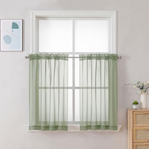 Chyhomenyc Sheer Curtains Tiers 42W x 24L Inches 2 Pieces Set, Light Filtering Small Curtains, Short Bathroom Living Room Cafe Basement Voile Window Curtains, Rod Pocket, Sage Green