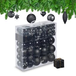 Relaxdays Christmas Baubles, Set of 110, Glittery, Matt & Shiny Ornaments, Plastic Decorations, HxD: 9 x 8 cm, Black