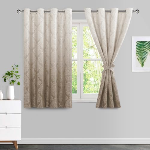 JIUZHEN Taupe Ombre Blackout Curtains for Bedroom??? Damask Patterned Thermal Insulated Noise Reducing Grommet Curtains with Tiebacks, 52 x 54 Inches, Set of 2 Window Curtain Panels