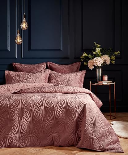 Paoletti Palmeria Quilted Duvet Cover Set – Luxe Embroidered Velvet Bedding (Blush – Single)