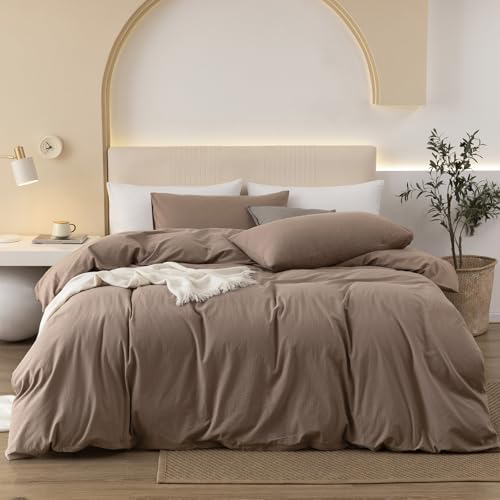 JIYUAN 100% Washed Cotton Duvet Cover Set Comfy Simple Style Soft Breathable Textured Durable Linen Feel Bedding for All Seasons Queen, Solid Brown