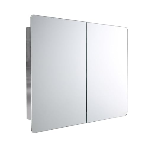 iBathUK Malmo Wall Mounted Double Door Mirror Cabinet, Frameless Rectangular Silver Mirror, Magnetic Catch, Modern Bathroom Storage, Polished Stainless Steel, 800x600mm
