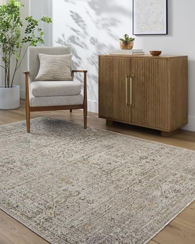 Livabliss x Galey Alix Vintage Rug - Area Rugs for Living Room 140x200 cm, Bedroom - Scandi Neutral Rugs, Traditional Patterned Boho Style, Natural Easy Care Pile - Large Rug, Taupe, Brown, Mustard