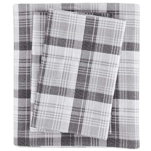 "Woolrich Cotton Sheet Set Cottage Charms Print, 100% Cotton Flannel Sheets Warm & Fuzzy Bedding Set Cal King Size Sheets, Fitted Pocket Fits Up to 14"" Mattress, Cal King Grey Plaid, 4 Piece"