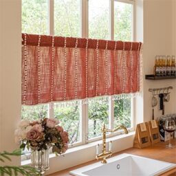 "Sutuo Home Boho Short Curtains Valance for Cafe Doorway Closet, Light Filtering Linen French Country Shabby Window Treatment Bohemian Embroidery Drape, Rod Pocket 1 Panel 52"" W x 36"" L, Terracotta"