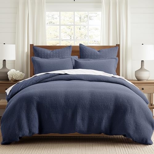 Levtex Home Mills Waffle Queen Duvet Cover Set (90x94in) with 2 Pillow Shams (26x20in) - Navy - 100% Cotton Queen Size Duvet Cover Set - Soft, Pre-Washed