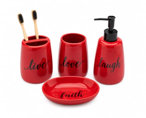 Bathroom accesory Set, Ceramic, 4pc,Toothbrush Holder soap Dispenser soap Dish Tumble Cup for Bathroom Decor and Gift (Navy) (RED)