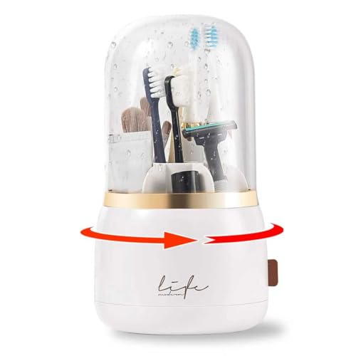 CLOKTA Toothbrush Holders for Bathrooms, Rotating 7 Slots Electric Toothbrush Holders with Cover, Countertop Toothpaste Organizers (White)