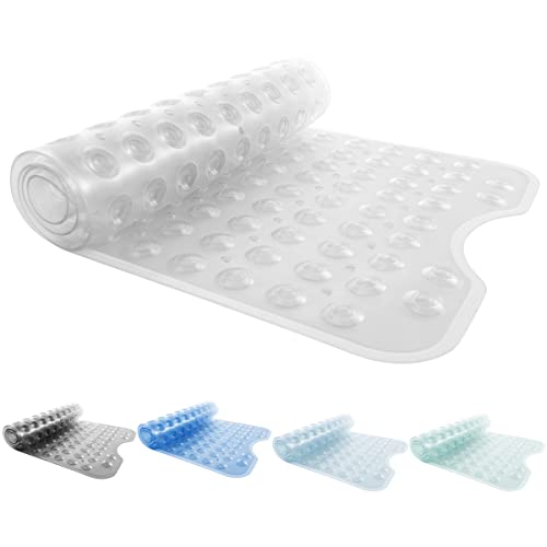 ANSIO Bath Mat Non Slip Anti Mould 100 x 40 cm – Long PVC Shower Mat with Suction Cups & Drain Holes, Machine Washable Bathtub Mat, Clear