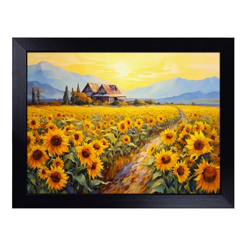 Lap Tray with Bean Bag Cushion, Sunflower Landscape - Handmade in the UK, Raised Wooden Edge, Padded Cushion, Heat-Resistant Wipe-Clean Surface, for Meals, Laptops and Crafts