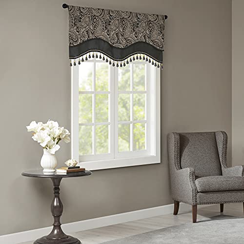 "Madison Park Aubrey Faux Silk Paisley Jacquard, Rod Pocket Curtain With Privacy Lining For Living Room, Kitchen, Bedroom and Dorm, 50"" x 18"", Black"