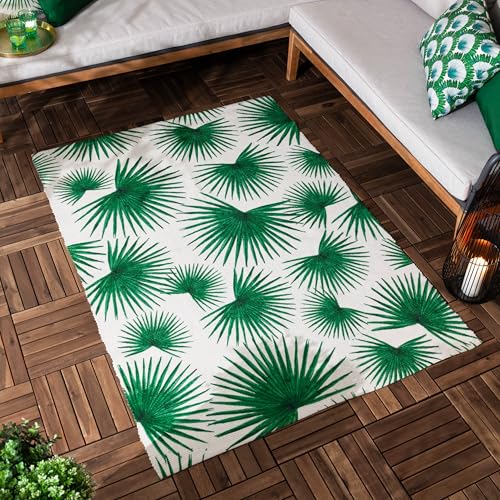 furn. Algave Rug – Indoor/Outdoor Art Deco Palm Leaf Flatweave Washable Weather Resistant Tropical Rug (Green - 120x170cm)