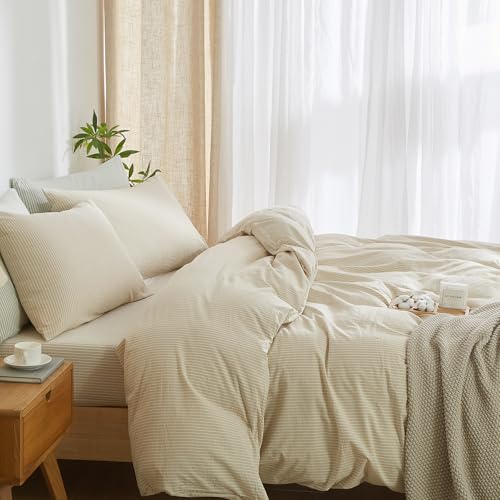 MWL Toy Striped Duvet Cover Set King Size, 3 Pcs Breathable Durable 100% Washed Cotton Comforter Cover for All Seasons, Chic Linen Like Textured Bedding Set (Khaki White Pinstripes, King)