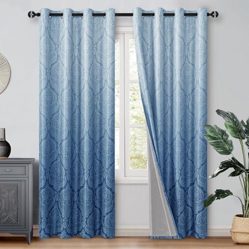 DWCN 100% Blackout Curtains for Bedroom 84 Inch Long-Damask Patterned Ombre Thermal Insulated Energy Saving Grommet Drapes for Living Room, Gradient Window Curtain 2 Panels, 52 x 84 Length, Navy Blue