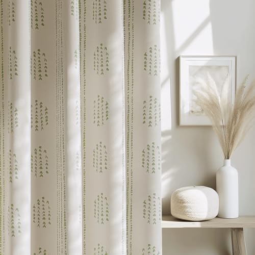 ugoutry 100% Green Boho Blackout Curtains 90 Inch Rustic Grommet 2 Panels - Geometric Striped Patterned, Farmhouse Drapes, Sage on Beige, Thermal Insulated, Room Darkening, for Living Room, Grommet