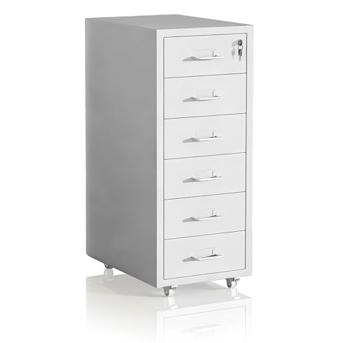 Relaxdays Mobile Filing Cabinet with 6 Drawers, Lockable Metal, White, 69x28x41 cm