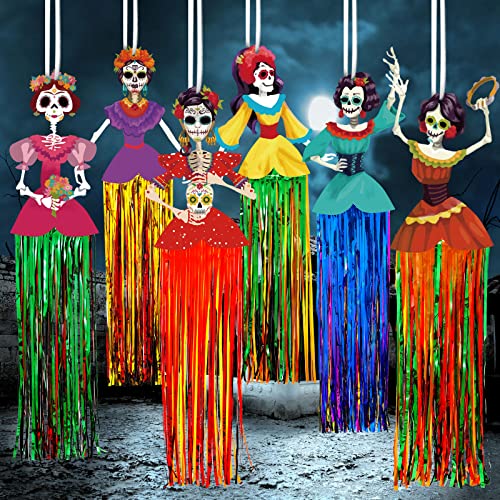 6 Pieces Day of The Dead Hanging Decorations 3 Feet Dia De Los Muertos Sugar Skull Decor Mexican Fiesta Halloween Day of The Dead Party Favor Supplies Dia Muertos Outdoor Indoor Home Yard Decor