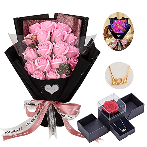 EIGHTOWN Roses Bouquet Fake Artificial Flower - Preserved Pink Flowers with Love Necklace for Her - Unique Gifts Valentine's Day, Mother's Day, Thanksgiving, Birthday, Anniversary???
