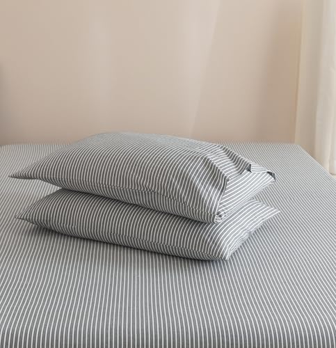 JIYUAN 100% Washed Cotton Striped Pillowcases Set Envelope Closure Pack of 2, Linen Like Comfy and Breathable Textured Durable Bedding for All Seasons, Queen Size,Pinstripes-Dark Grey White