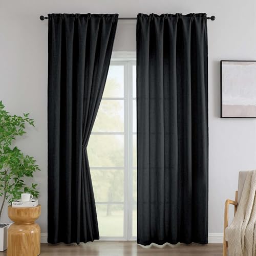 "Simplebrand Black Linen Curtains 96 Inches Long 2 Panels, Faux Linen Textured Semi Light Filtering Farmhouse Curtains & Drapes, Soft Airy Slub Window Curtains for Living Room Bedroom, Each 52"" Wx96 L"