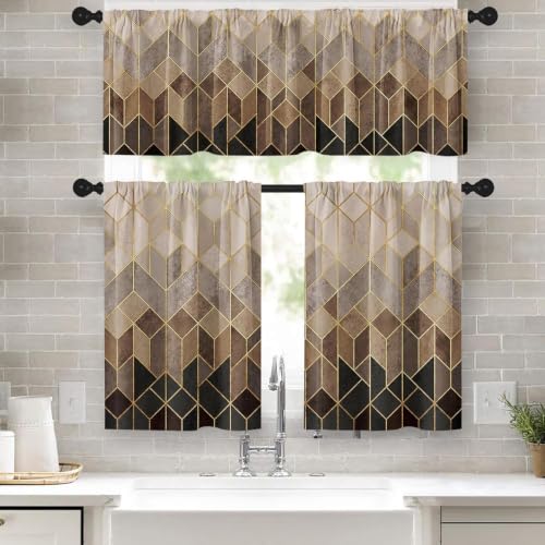 Tayney Brown Kitchen Window Curtains Valance and Tier Set 36 Inch, Geometric Gradient Cubic Lines Rod Pocket Short Tier Curtain for Bathroom, Modern Small Cafe Drapes for Kitchen Decor
