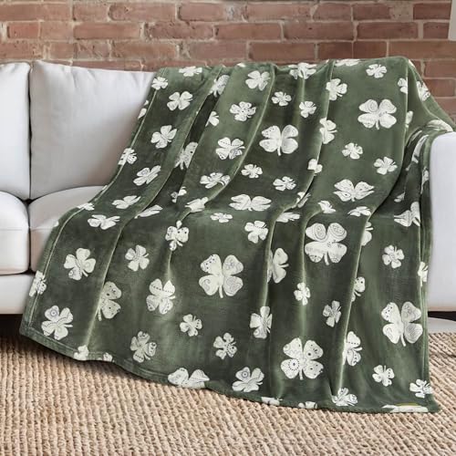 "Lucky Brand 50"" x 70"" Plush Throw Blanket, Clover Green Blanket for Sofa or Bed"