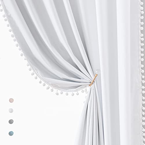 "Treatmentex White Blackout Curtains for Bedroom Pom-Pom Thermal Insulated Full Blackout Window Drapes 63inch Length Curtain Panels for Kids Guest Room Hotel 52"" Wx 2pcs"