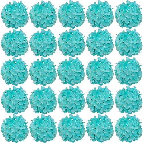 FagusHome 30 Pcs Silk Hydrangea Heads Artificial Flowers Heads and Stems Fake Hydrangea Flowers for Home Wedding Decor (Fluorescence Blue)
