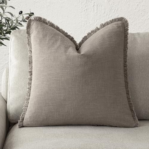 Foindtower Decorative Linen Fringe Throw Pillow Covers Cozy Boho Farmhouse Cushion Cover with Tassels Soft Accent Pillowcase for Chair Sofa Bed Living Room Home Decor, 22??22 Inch,1PC,Brown Tan