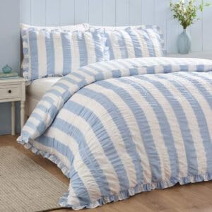 Catherine Lansfield Seersucker Frill Stripe King Duvet Set Blue