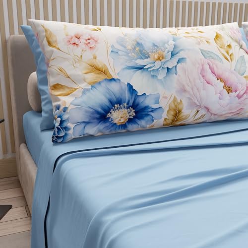 PETTI Artigiani Italiani - Cotton Sheets with Pillowcases in Digital Print, French Quarter, Complete Top and Bottom Sheet with Corners, Marseille Blue, 100% Made in Italy