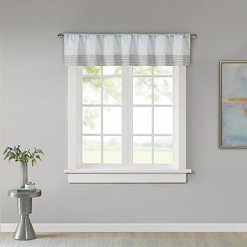 Madison Park Amherst Polyoni Pintuck Teal Gray Window Valance, Modern Rod Pocket Valances for Windows, 50X18, Aqua