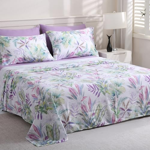 LONAVA Botaincal California King Size 6 Pcs Sheet Set, Breathable Microfiber Deep Pocket Lavender Fitted Sheets, Comfy & Breathable Patterned Flat Sheets,4 Gentle Soft Pillowcases, Tropical